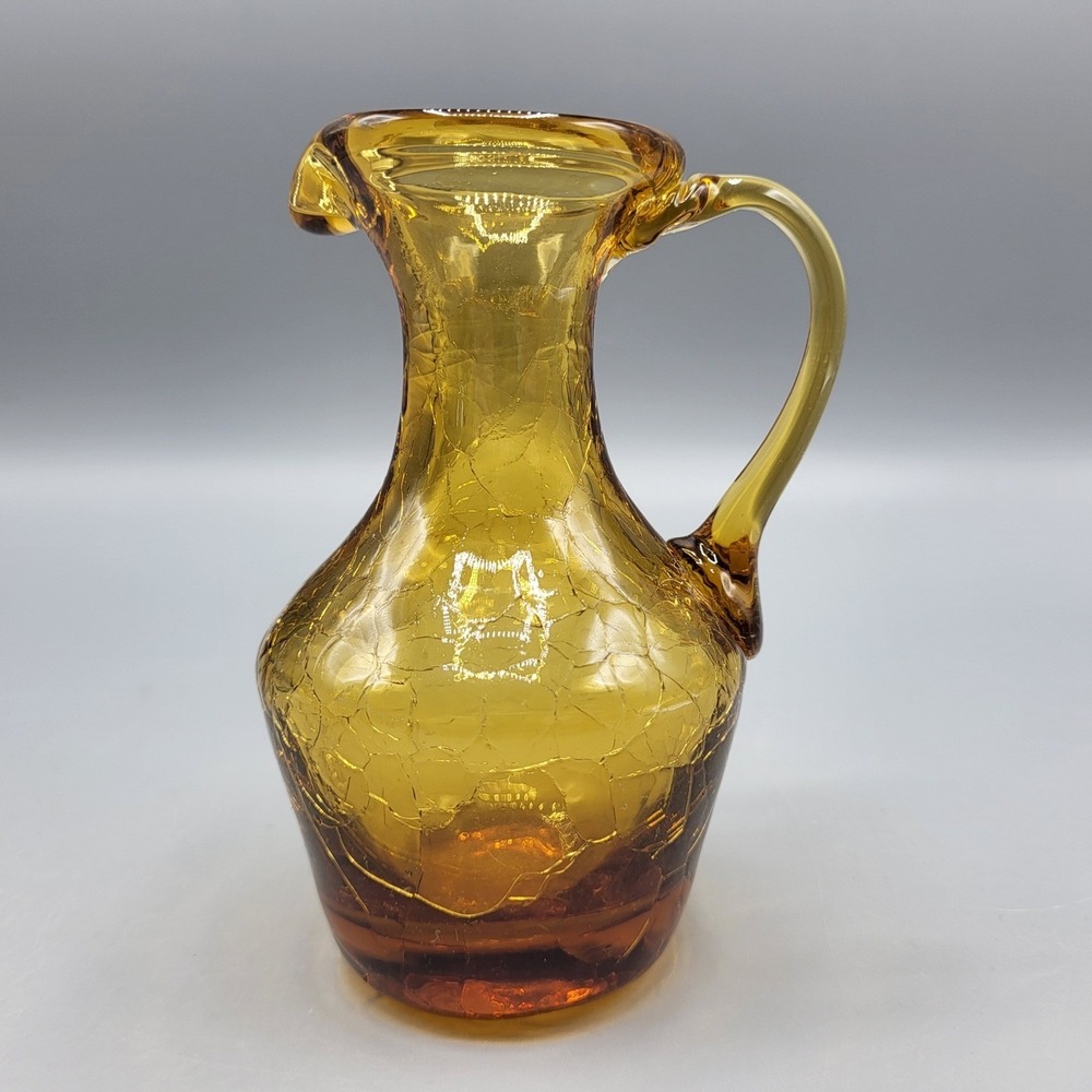 Vintage Crackle Glass Pitcher 4.75" Vase Amber Hand Blown MCM Decorative Gold